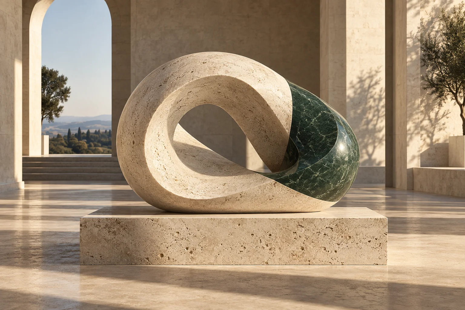 A continuous loop of limestone and deep green stone, lit by warm sunlight